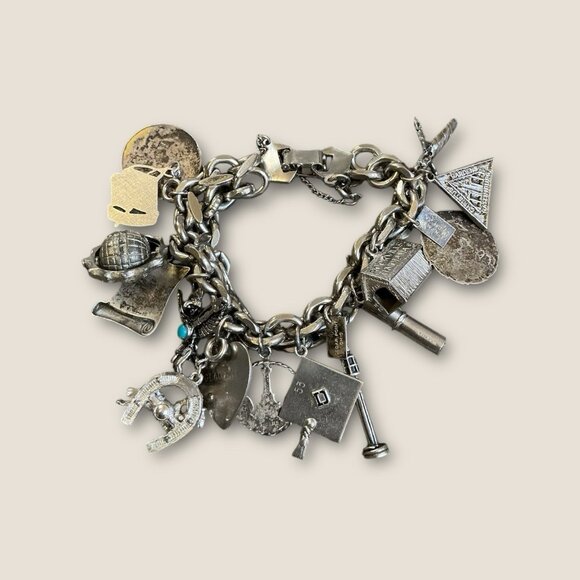 Estate Vintage Charm Bracelet Loaded With Sterling Charms Including Bell Trading - Picture 2 of 16